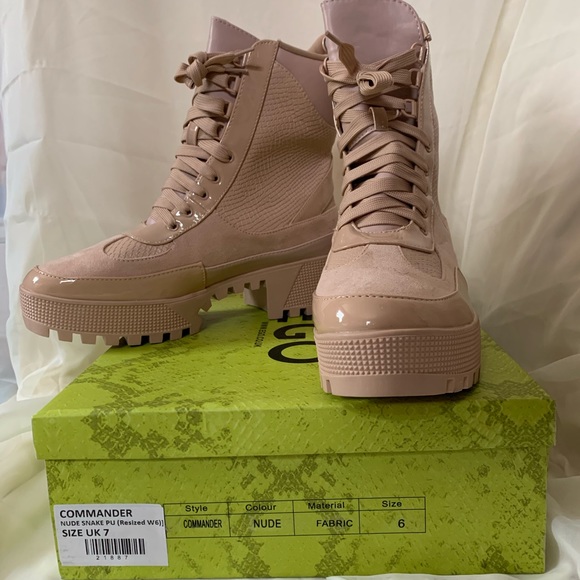 Pink Faux Snake Print Leather Combat Boots heels - Picture 6 of 8